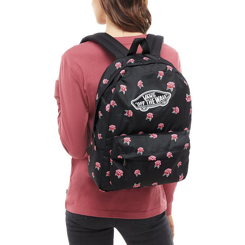 vans black backpack with roses